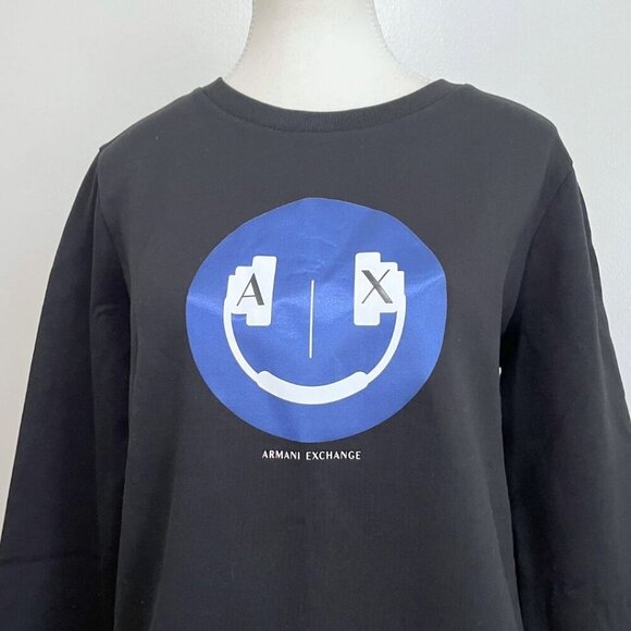 NWT ARMANI EXCHANGE WOMEN'S BLACK BLUE SMILEY GRAPHIC PRINT CREWNECK SWEATSHIRT - Picture 4 of 14